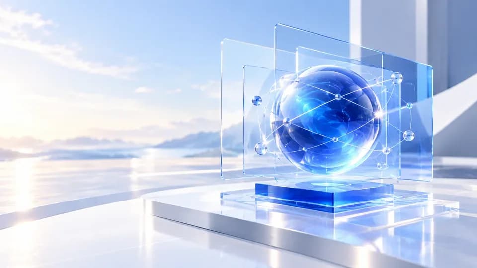 透明玻璃界面中的蓝色 AI 核心，AI 生成概念配图