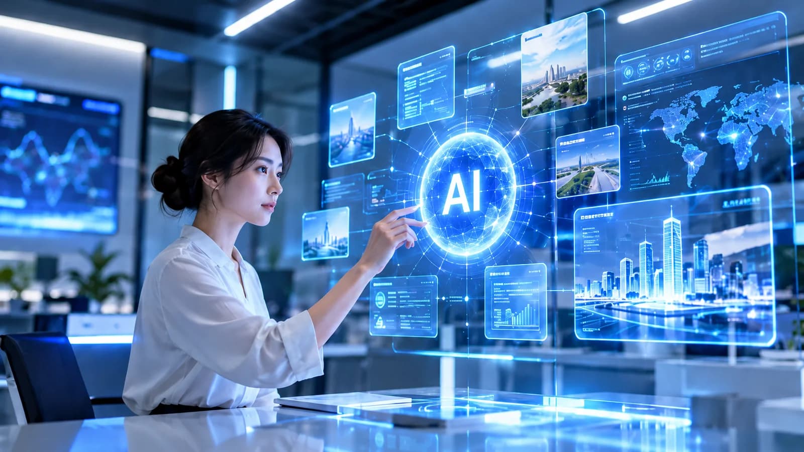 蓝色 AI 智能体与业务数据交互界面，概念视觉